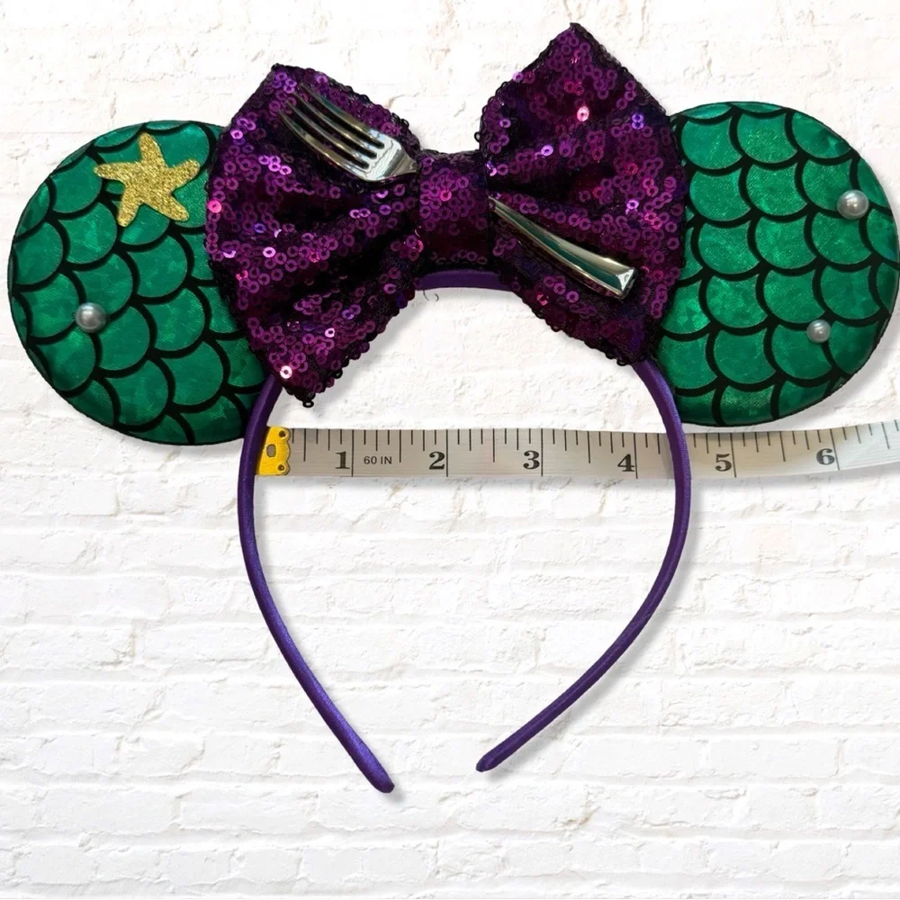 Disney Ariel Little Mermaid Mouse Ears Purple Sequin Bow Green Mermaid Scales